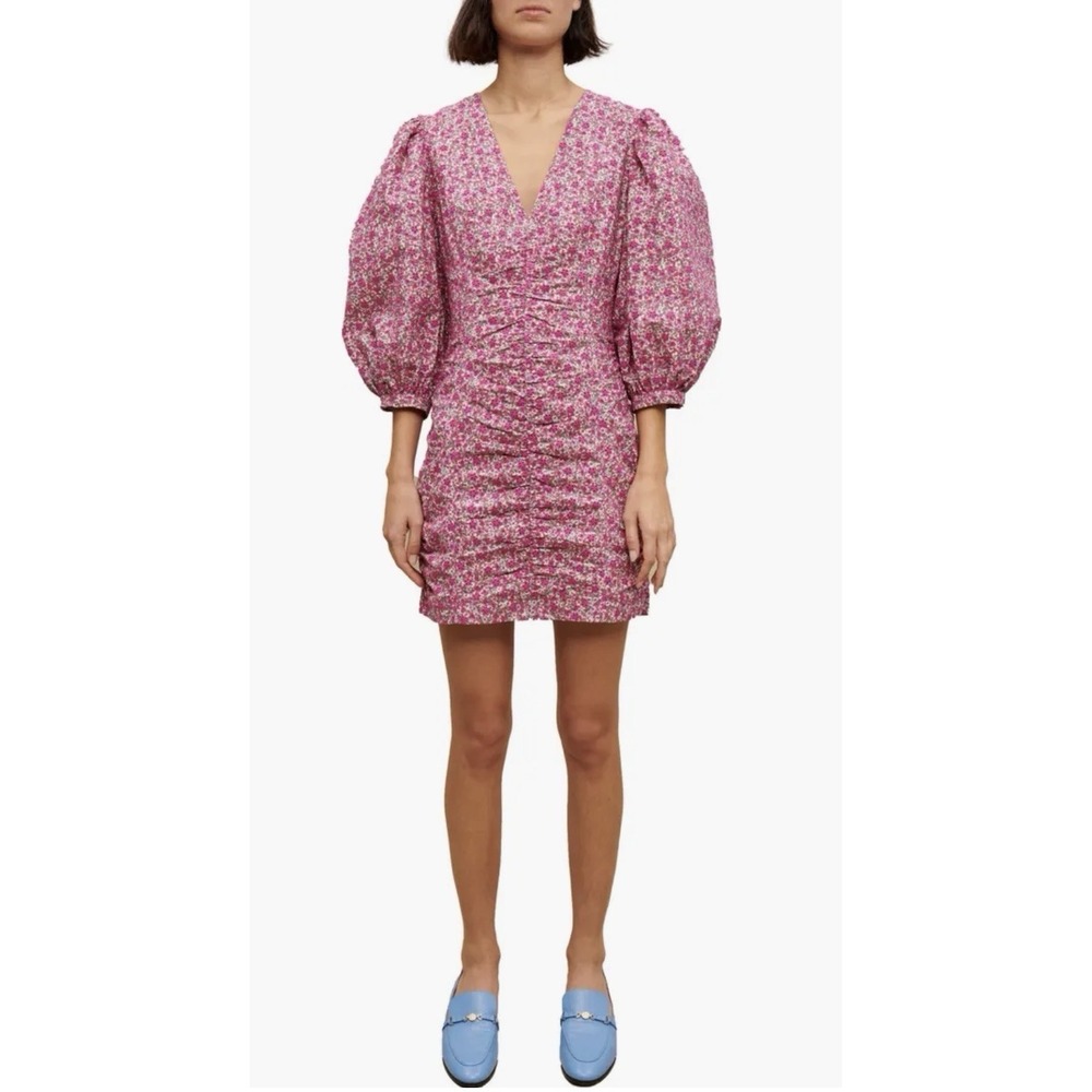 Maje Ryad Floral Puff Sleeve Ruched Mini Dress Fuchsia Pink Cotton Sz 38 US 6 - Picture 10 of 15